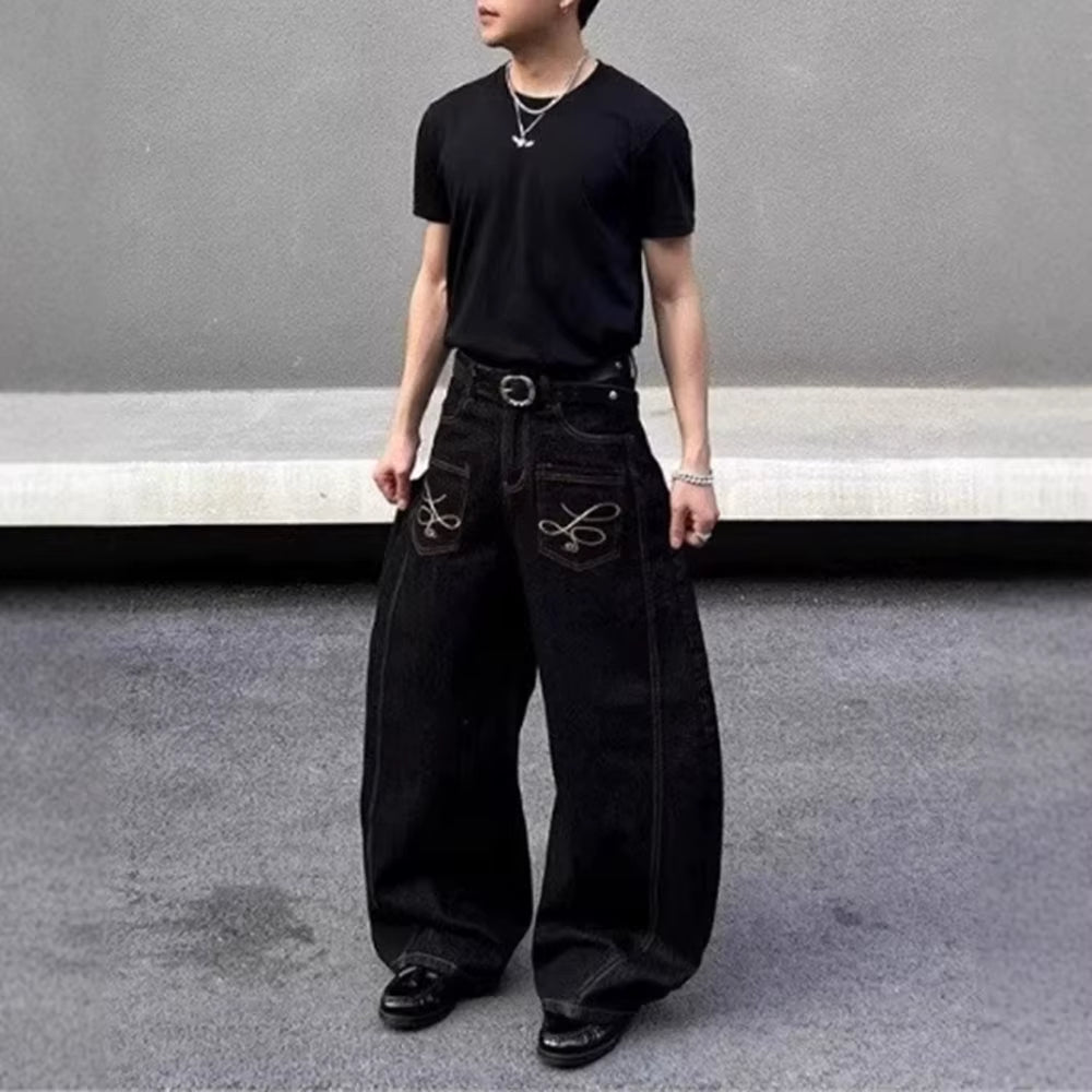 2025 Summer New Men'S Y2K Pocket Decoration Jeans Harajuku Retro Fashion Trend Street Hip-Hop Casual Loose Niche Men'S Bottoms
