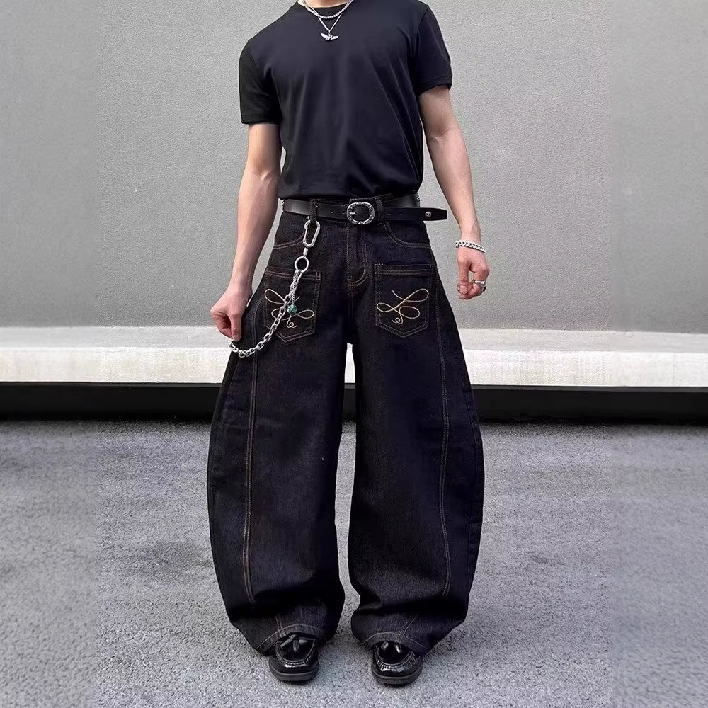 2025 Summer New Men'S Y2K Pocket Decoration Jeans Harajuku Retro Fashion Trend Street Hip-Hop Casual Loose Niche Men'S Bottoms