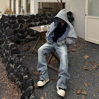 Grey Casual Spring Oversized Reversible Hoodies Women Men Streetwear Clothes Hoodie with Plaid Lining Sweatshirt Streetwear Tops