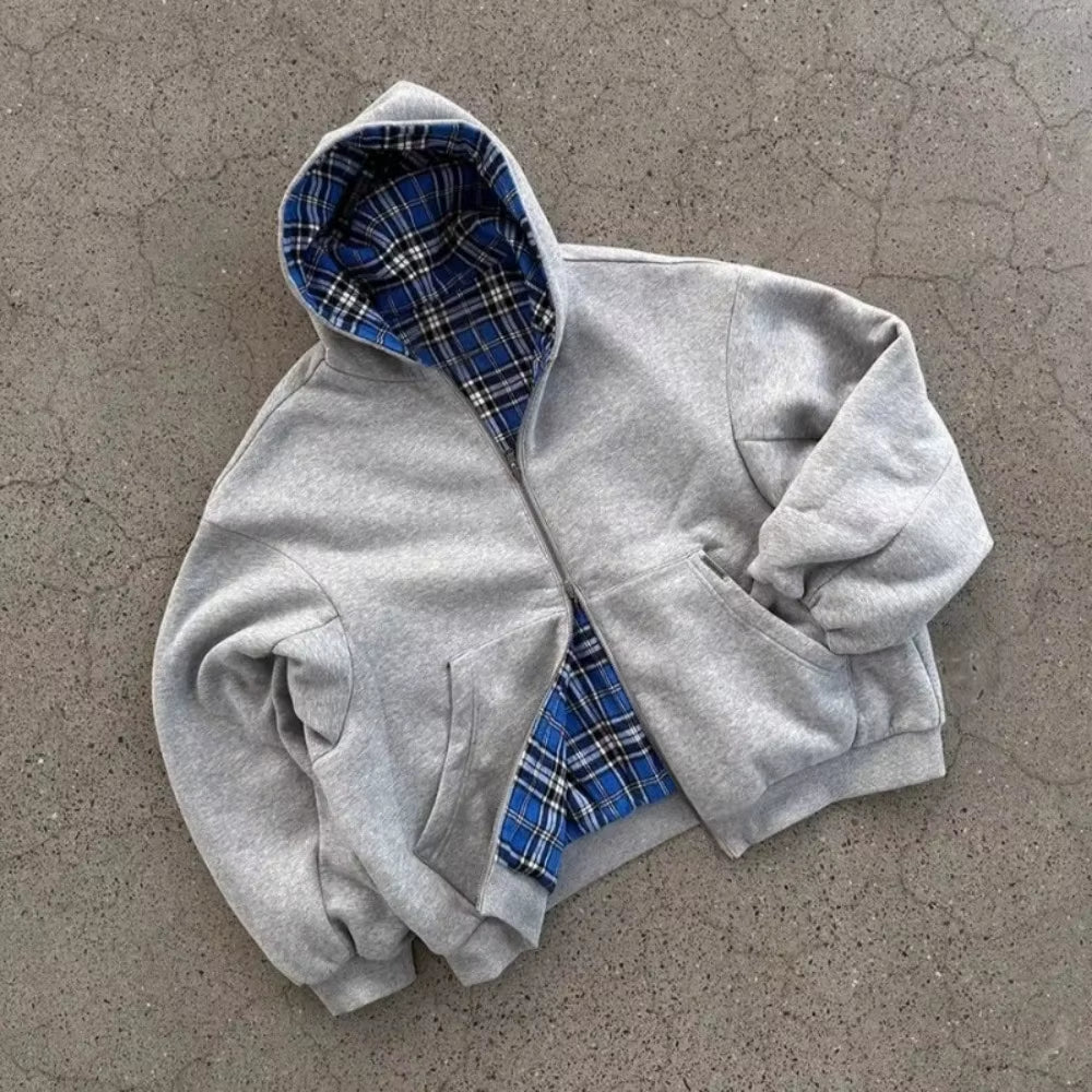 Grey Casual Spring Oversized Reversible Hoodies Women Men Streetwear Clothes Hoodie with Plaid Lining Sweatshirt Streetwear Tops