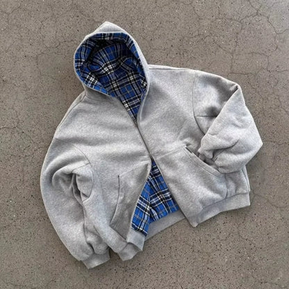 Grey Casual Spring Oversized Reversible Hoodies Women Men Streetwear Clothes Hoodie with Plaid Lining Sweatshirt Streetwear Tops
