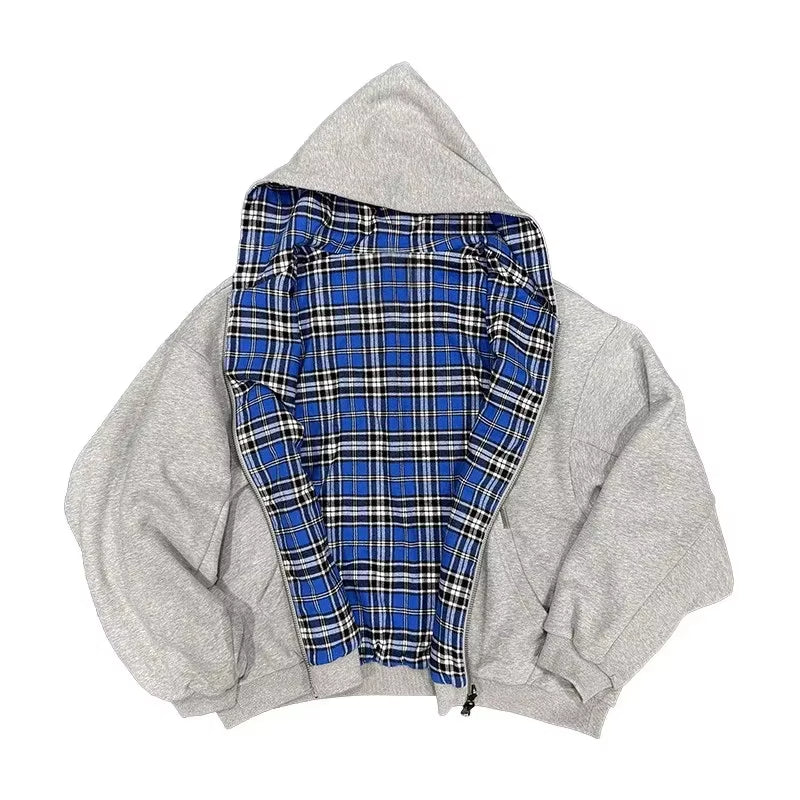 Grey Casual Spring Oversized Reversible Hoodies Women Men Streetwear Clothes Hoodie with Plaid Lining Sweatshirt Streetwear Tops