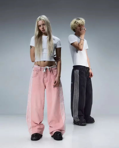 Elevate Your Style with Y2K Baggy Jeans: High-Quality Embroidered Striped Wide Leg Denim for Men and Women - Perfect for Hip Hop and Casual Streetwear