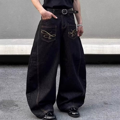 2025 Summer New Men'S Y2K Pocket Decoration Jeans Harajuku Retro Fashion Trend Street Hip-Hop Casual Loose Niche Men'S Bottoms