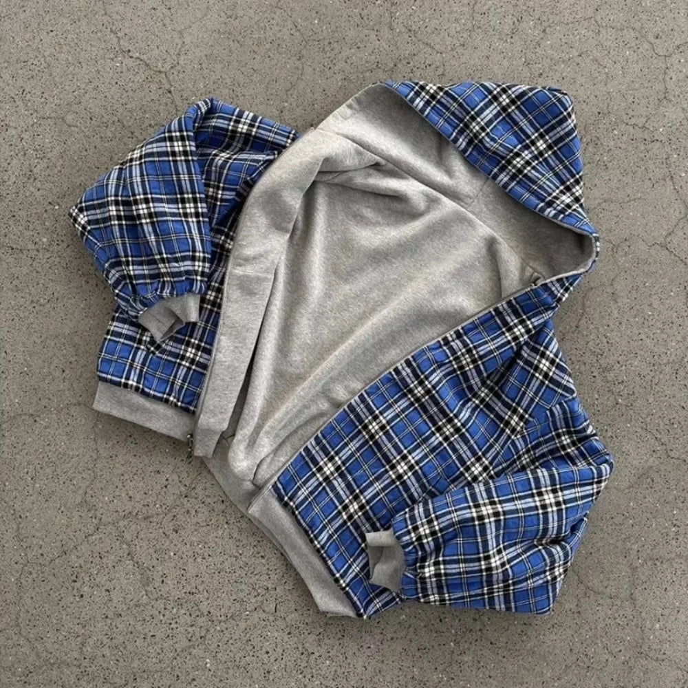 Grey Casual Spring Oversized Reversible Hoodies Women Men Streetwear Clothes Hoodie with Plaid Lining Sweatshirt Streetwear Tops